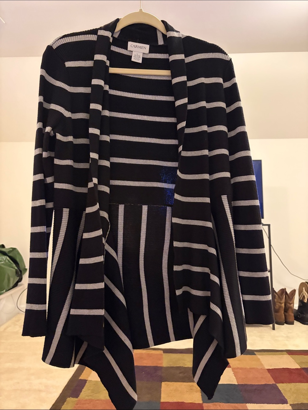 Carmen Black & White Striped Open-Front Cardigan